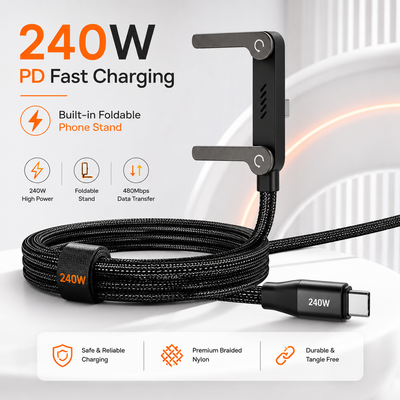 240W PD USB-C Cable with Foldable Phone Holder